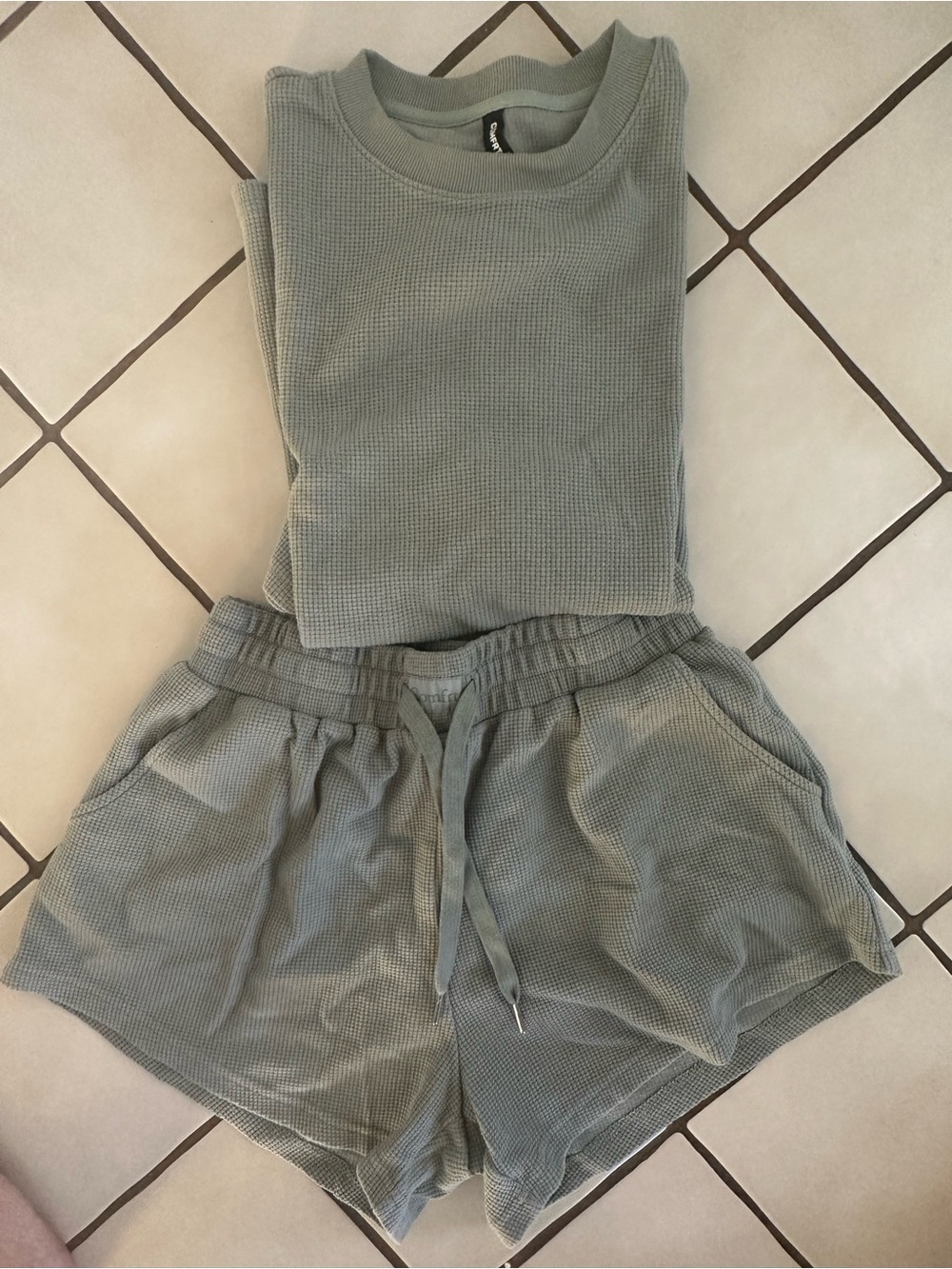 Comfrt sage green Waffle Knit oversized tee shirt and Shorts Set
